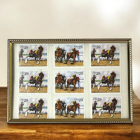 1993 Sporting Horses Harness Racing 29c Stamp Sheet of 9 in Gold Frame Stamp Art - Picture 2 of 16